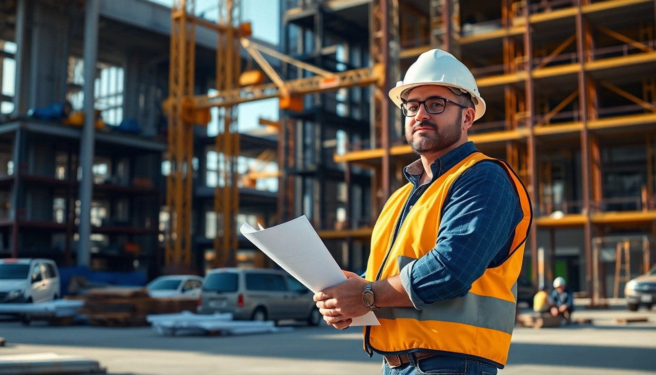 New York General Contractor supervising a construction site with cranes and blueprints.