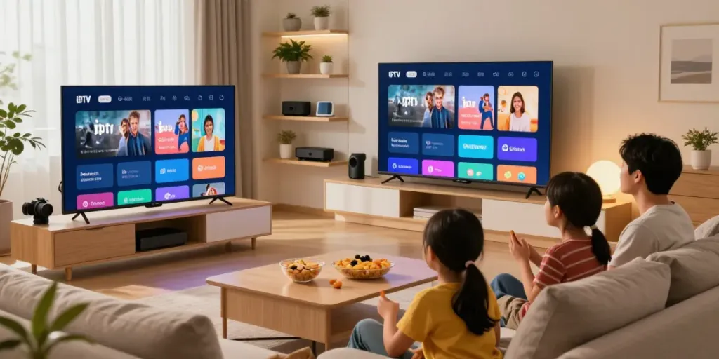 Family enjoying IPTV subscription USA movie night in a cozy living room