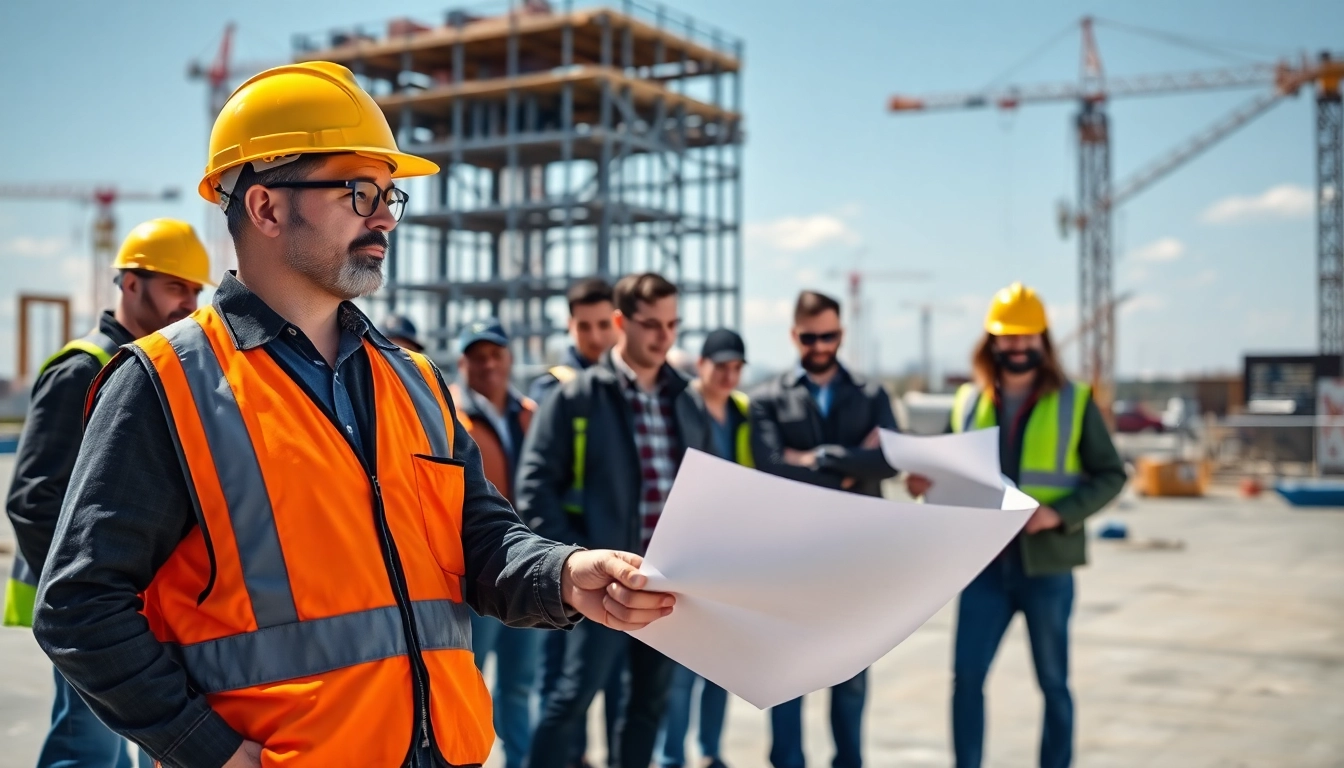 New Jersey General Contractor reviewing plans with a team at a busy construction site.
