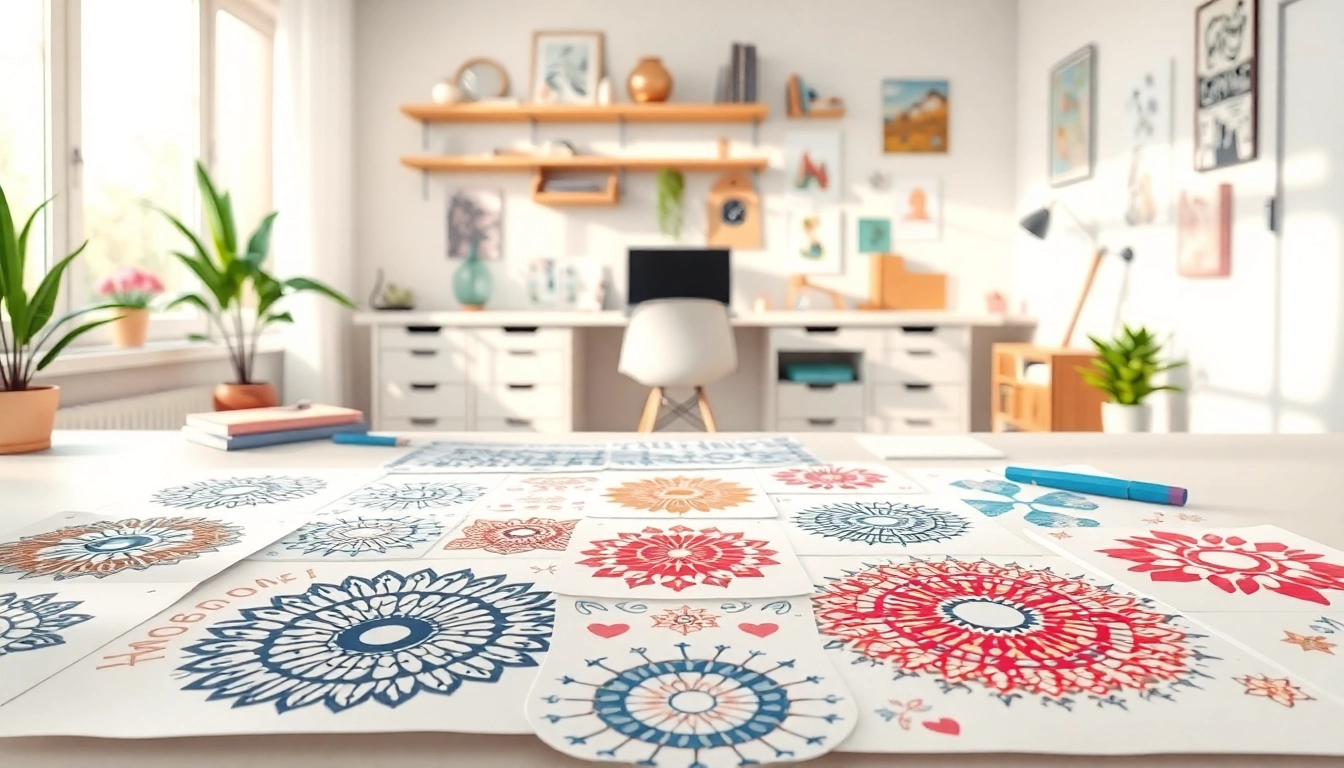 Showcase of free SVG designs with vivid patterns in a well-lit workspace, enhancing creativity.