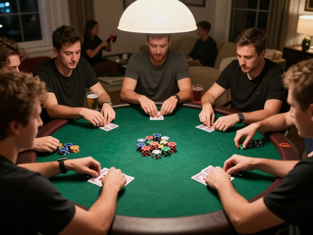 Engaging poker game atmosphere showcasing players at a home game night, featuring 78winbizcom betting excitement.