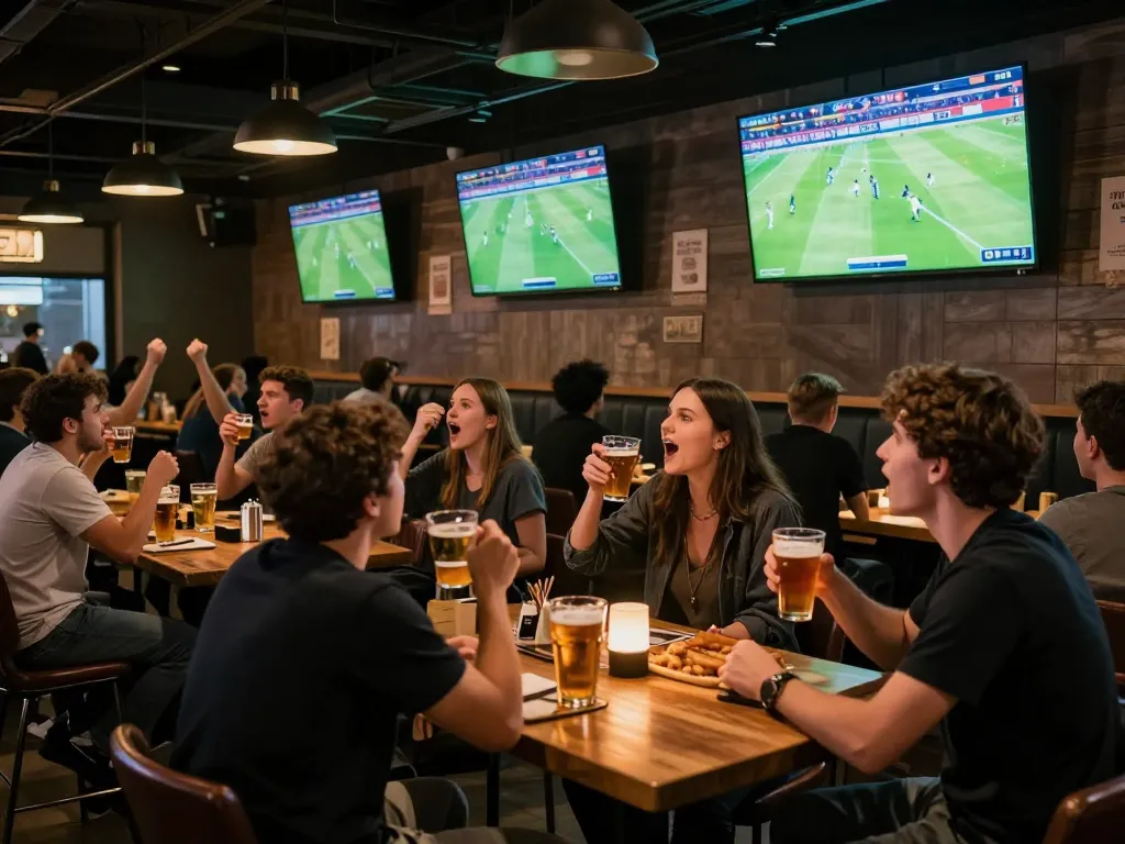 Fans engaged in bóng đá trực tuyến betting at a lively sports bar with multiple screens.