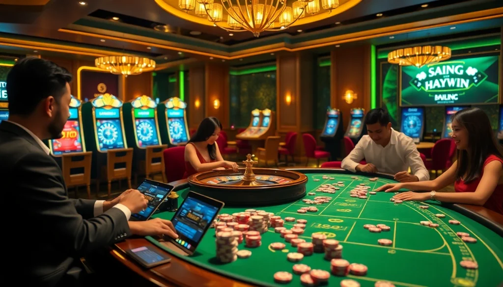 Engaging in ĐĂNG NHẬP HAYWIN at a luxurious casino table filled with vibrant gambling elements.