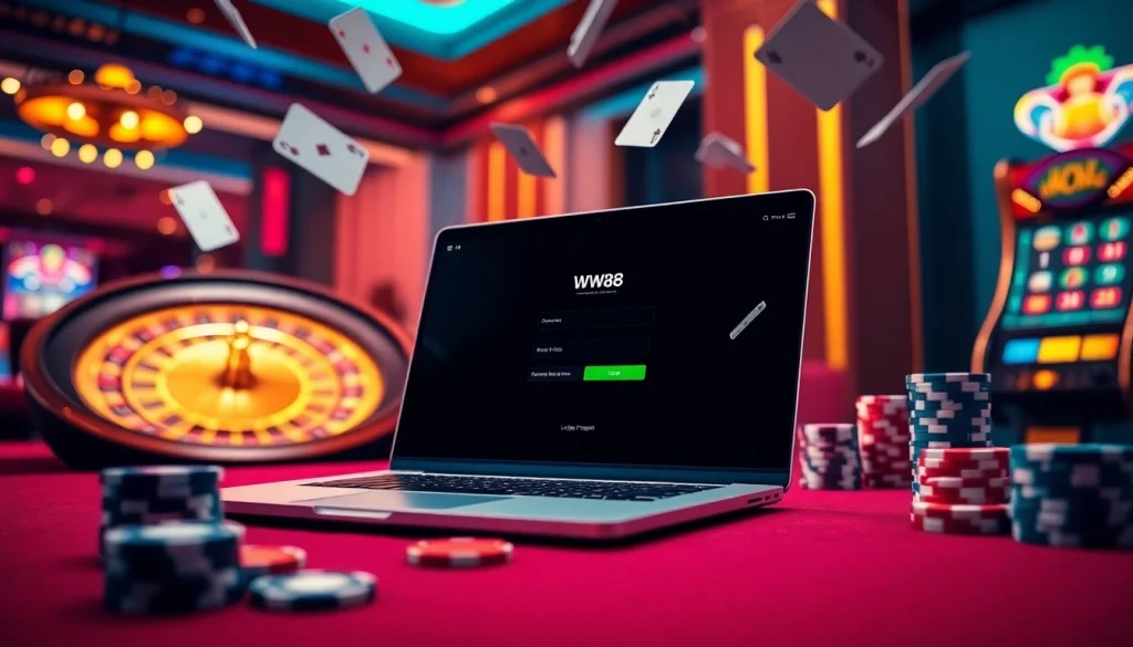 Engaging online gambling scene showcasing Đăng nhập ww88 on a sleek laptop with poker chips and cards.