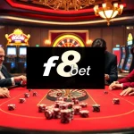 Experience the thrill of f8 bet with professional gamblers at a luxurious poker table surrounded by excitement.