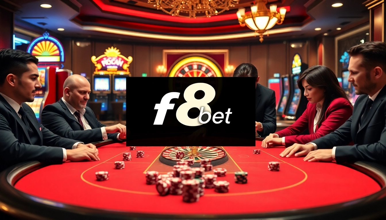 Experience the thrill of f8 bet with professional gamblers at a luxurious poker table surrounded by excitement.