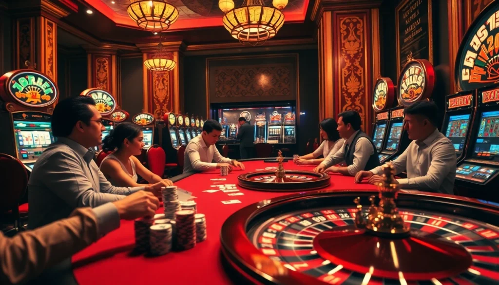 K9k9 players enjoying high-stakes gambling at an upscale casino table with chips and cards.