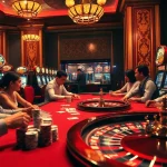 K9k9 players enjoying high-stakes gambling at an upscale casino table with chips and cards.