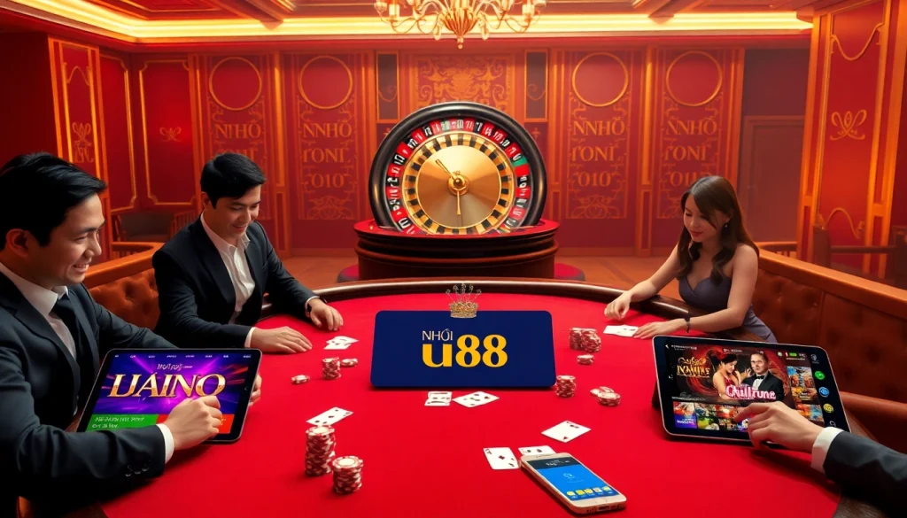 Engaged players at the NHÀ CÁI UU88 poker table with vibrant chips in a luxurious casino setting.