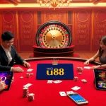 Engaged players at the NHÀ CÁI UU88 poker table with vibrant chips in a luxurious casino setting.