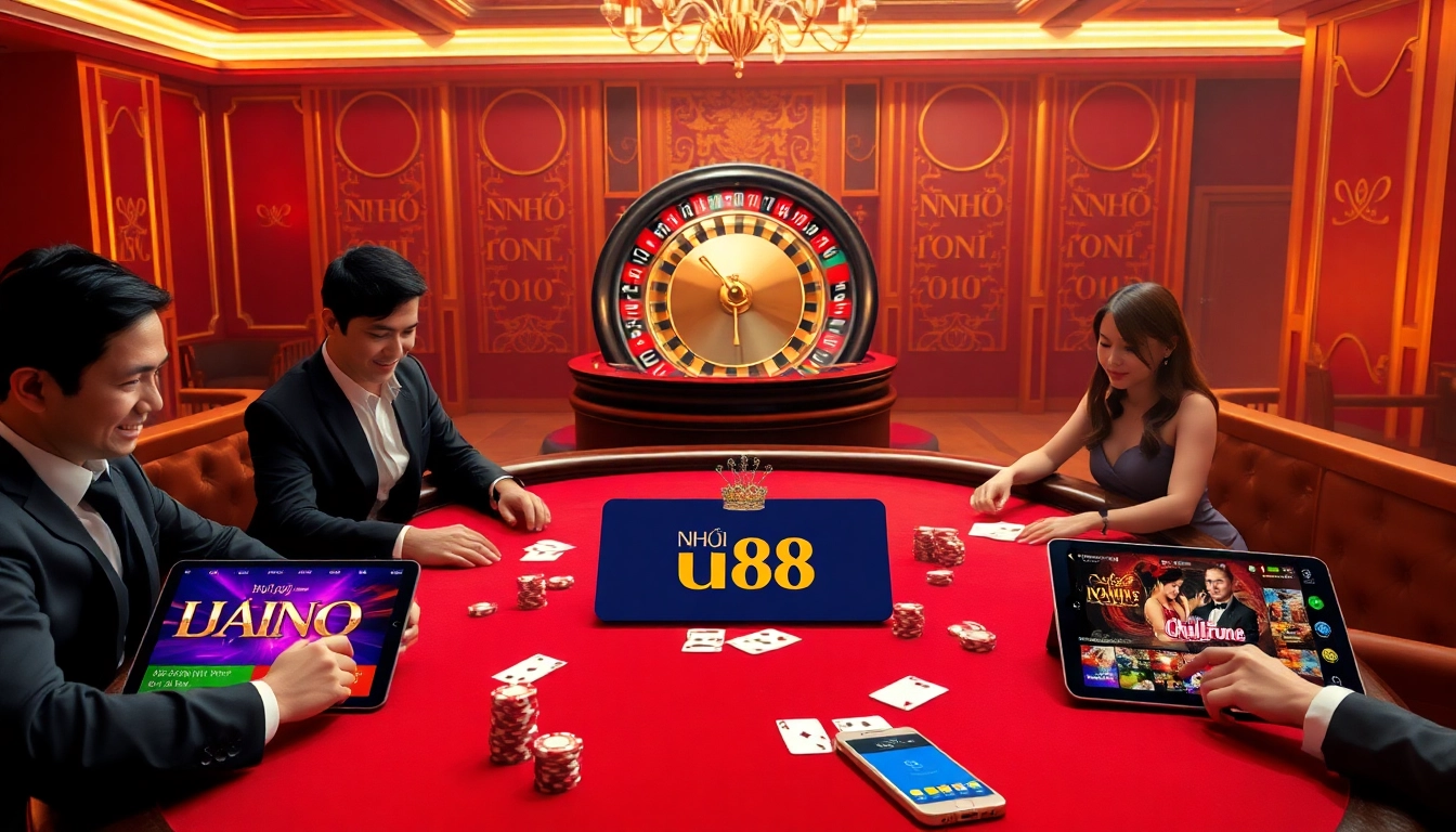 Engaged players at the NHÀ CÁI UU88 poker table with vibrant chips in a luxurious casino setting.