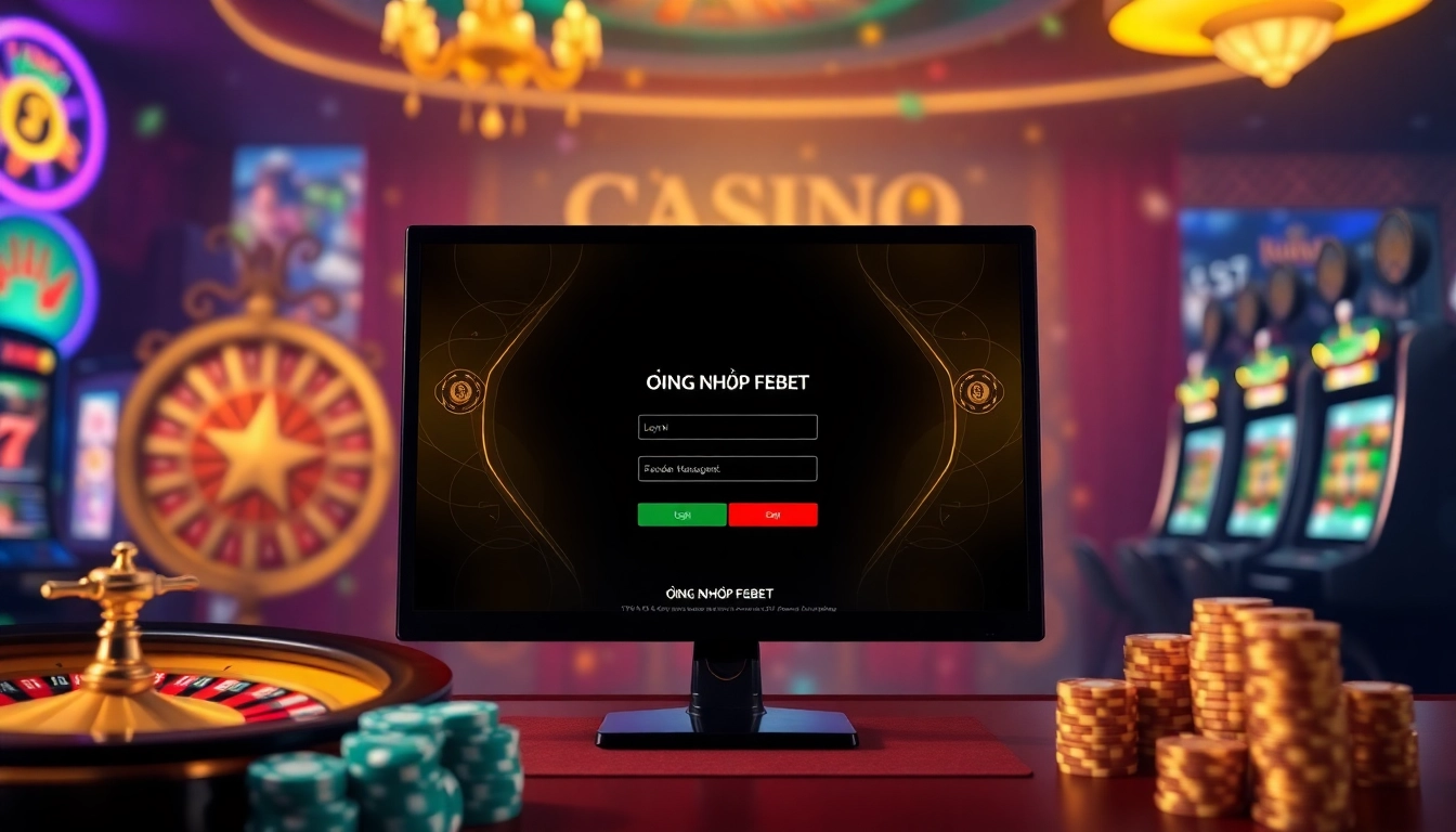Login interface for ĐĂNG NHẬP FEBET featuring vibrant casino elements.