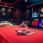 Experience high-stakes gameplay as you ĐĂNG NHẬP B8 at a luxurious casino, highlighted by vibrant poker chips and a spinning roulette.