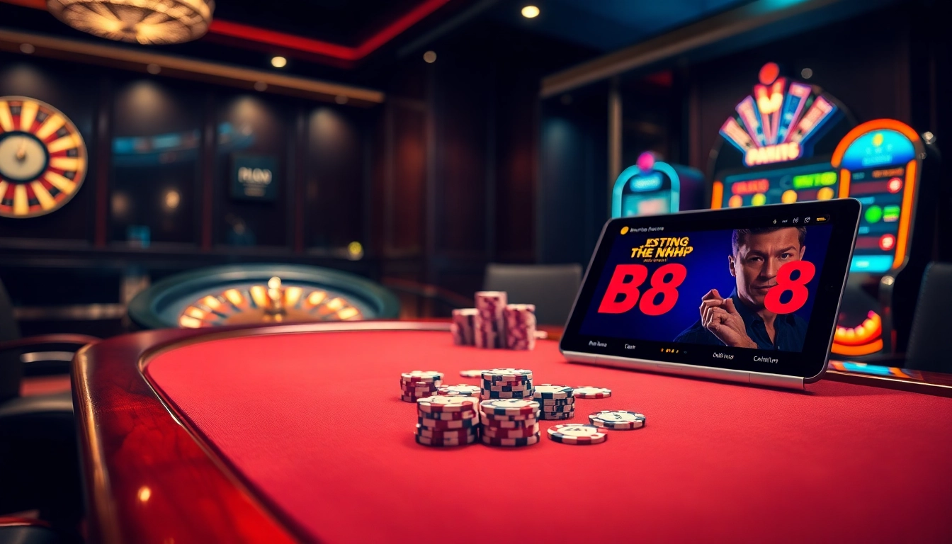 Experience high-stakes gameplay as you ĐĂNG NHẬP B8 at a luxurious casino, highlighted by vibrant poker chips and a spinning roulette.