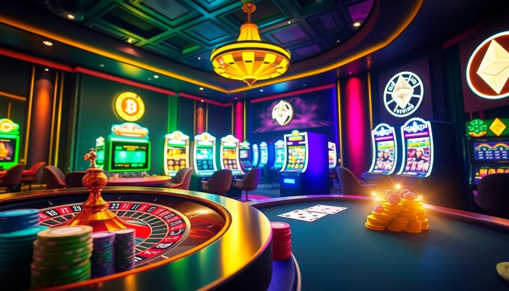 Experience the thrill of best crypto casinos with dynamic visuals of a modern casino, poker chips, and spinning slot machines.