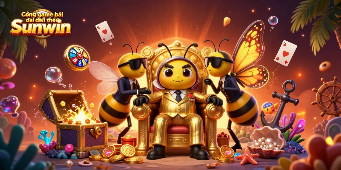 Cổng game bài đổi thưởng Sunwin showcases an exciting cartoon scene with a bumblebee mob boss and casino-themed treasures.