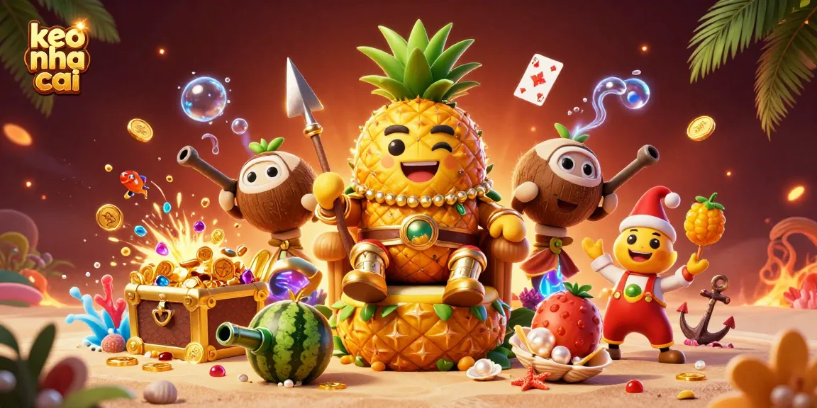 Engage in thrilling keo nha cai action with an animated scene of a pineapple king and vibrant beach casino elements.
