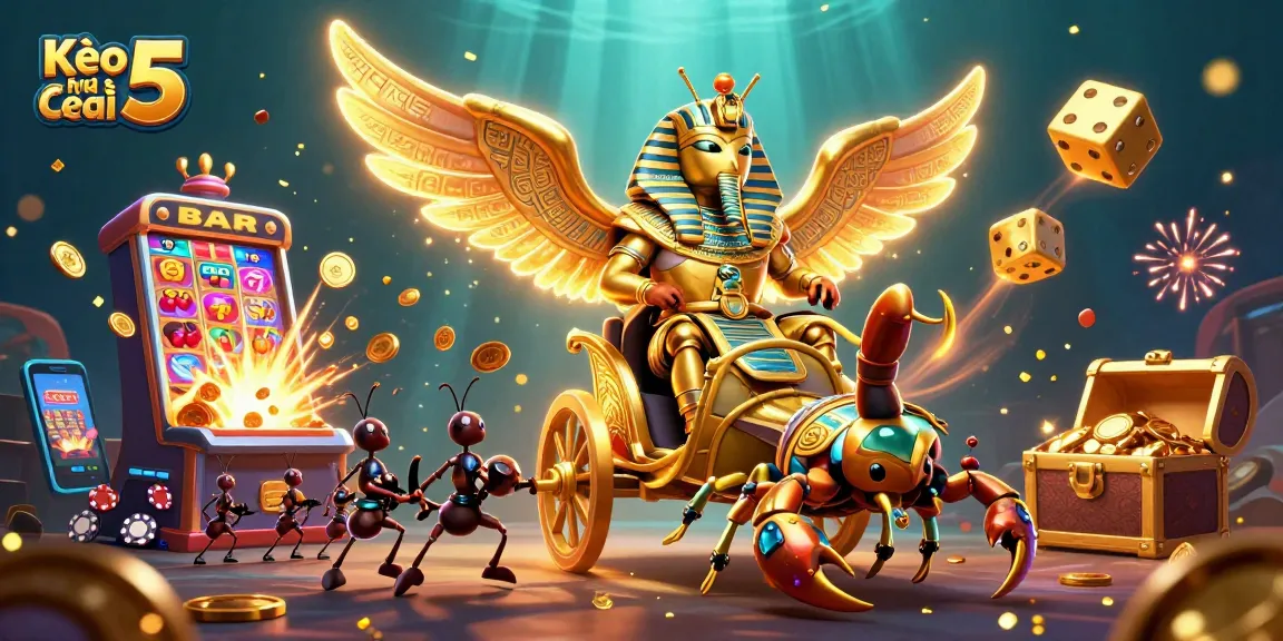 Engage with Kèo nhà cái 5 in a vibrant 3D casino scene featuring a golden scarab beetle and dynamic gaming elements.
