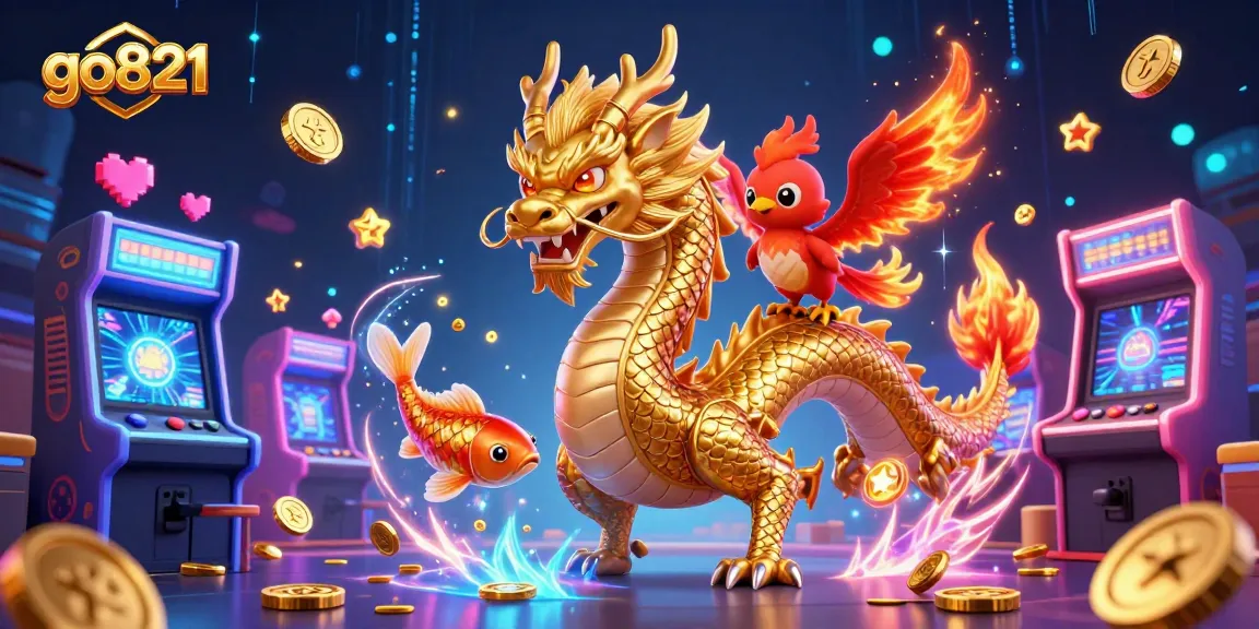 Experience the thrill of go821's gaming world with a dynamic golden dragon, phoenix, and koi fish amidst arcade excitement.