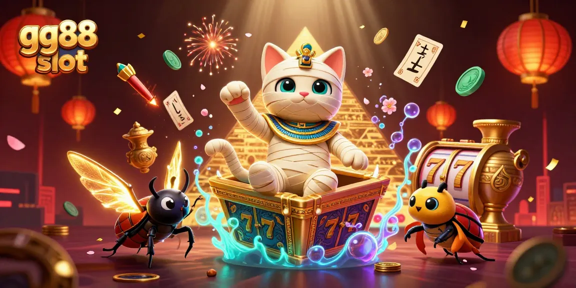 Engage with exciting gg88 slot action featuring a vibrant 3D mummy cat and treasures
